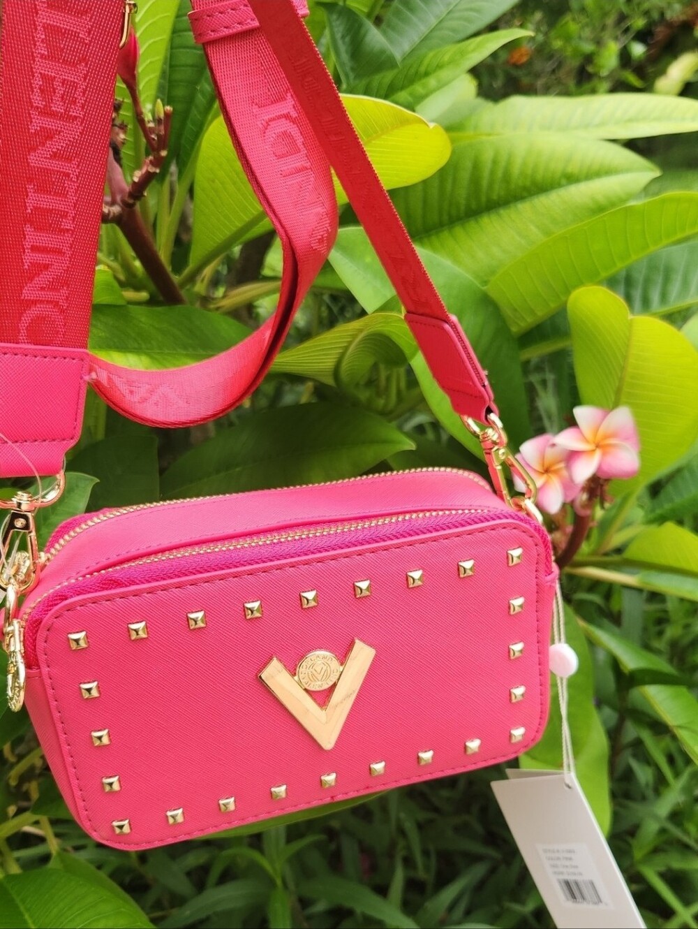 Valentino Pink Studded Crossbody Camera Bag with Branded Strap
